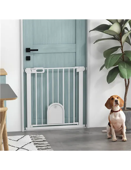 PawHut 75-82cm Pet Safet Gaye, Pressure Fit Stair, with Cat Flap, Double Locking, White