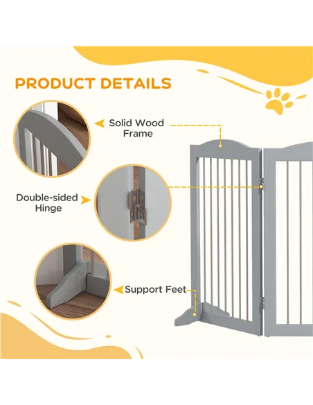 PawHut Foldable Dog Gate, Freestanding Pet Gate, with Two Support Feet, for Staircases, Hallways, Doorways - Grey