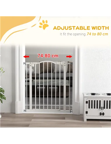 PawHut Metal 74-80cm Adjustable Pet Gate Safety Barrier w/ Auto-Close Door White