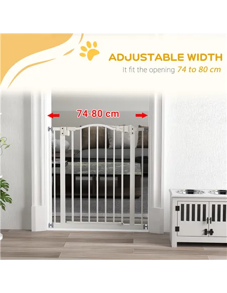 PawHut Metal 74-80cm Adjustable Pet Gate Safety Barrier w/ Auto-Close Door White
