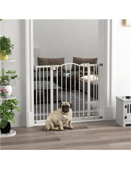 PawHut Metal 74-100cm Adjustable Pet Gate Safety Barrier w/ Auto-Close Door White