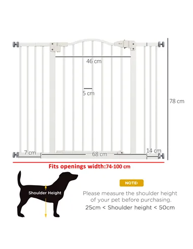 PawHut Metal 74-100cm Adjustable Pet Gate Safety Barrier w/ Auto-Close Door White