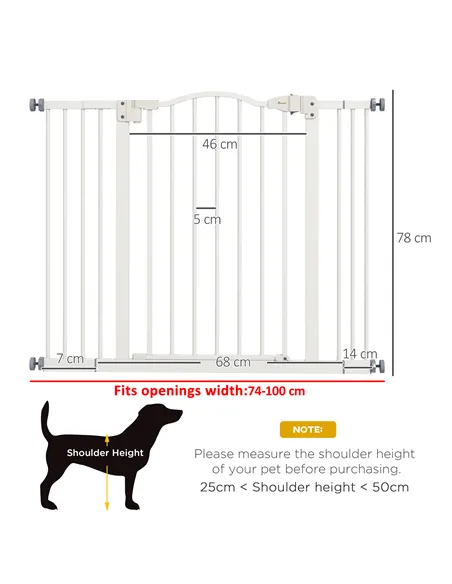 PawHut Metal 74-100cm Adjustable Pet Gate Safety Barrier w/ Auto-Close Door White