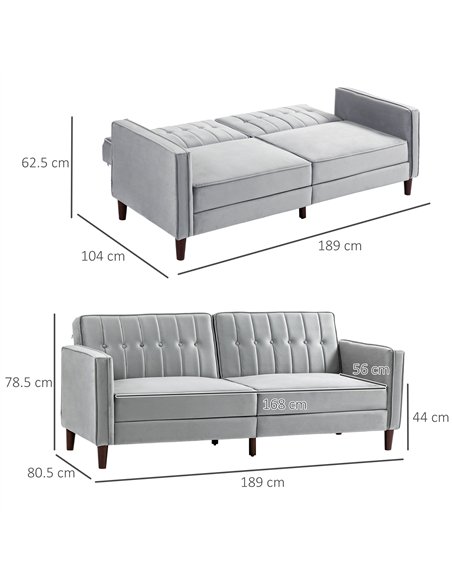 HOMCOM Modern Convertible Sofa Futon Velvet-Touch Tufted Couch Compact Loveseat with Adjustable Split Back, Light Grey