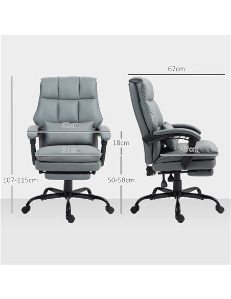 HOMCOM Faux Leather Reclining Office Chair, with Footrest - Grey
