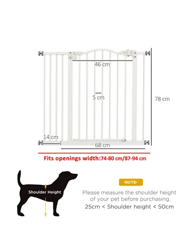 PawHut Metal 74-94cm Adjustable Pet Gate Safety Barrier w/ Auto-Close Door White