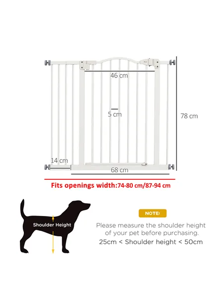 PawHut Metal 74-94cm Adjustable Pet Gate Safety Barrier w/ Auto-Close Door White