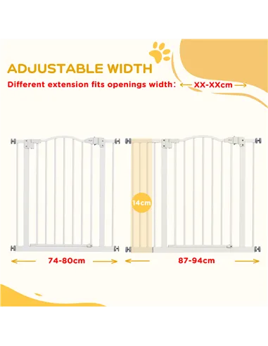 PawHut Metal 74-94cm Adjustable Pet Gate Safety Barrier w/ Auto-Close Door White