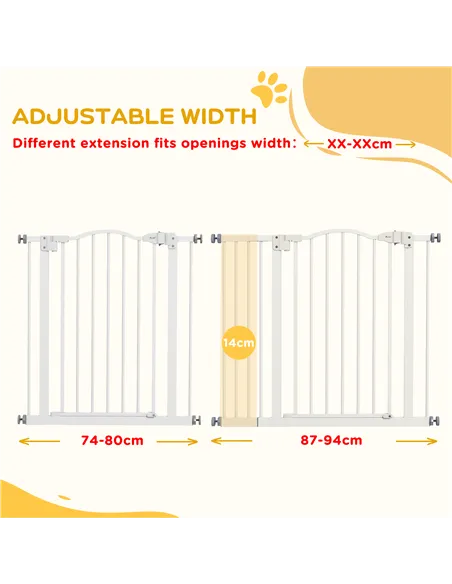 PawHut Metal 74-94cm Adjustable Pet Gate Safety Barrier w/ Auto-Close Door White