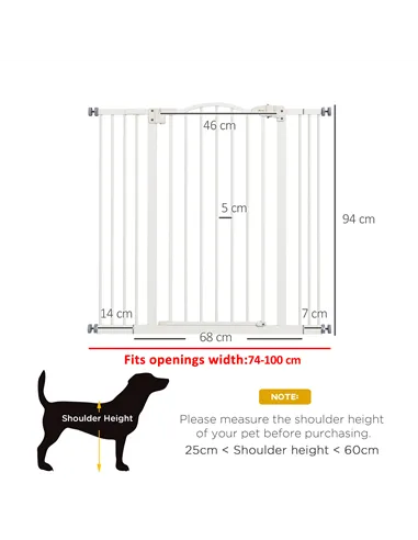 PawHut Pressure Fit Dog Stair Gate No Drilling Safety Gate Auto Close for Doorways, Hallways, 74-100cm Adjustable, 94cm Tall, Wh