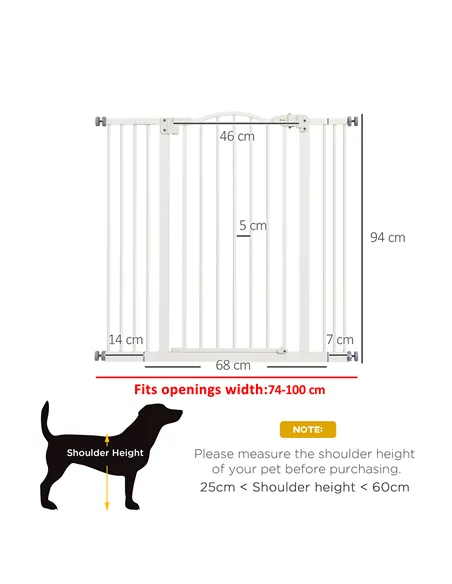 PawHut Pressure Fit Dog Stair Gate No Drilling Safety Gate Auto Close for Doorways, Hallways, 74-100cm Adjustable, 94cm Tall, Wh