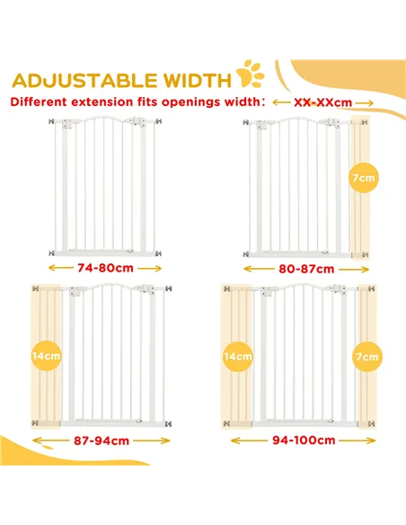 PawHut Pressure Fit Dog Stair Gate No Drilling Safety Gate Auto Close for Doorways, Hallways, 74-100cm Adjustable, 94cm Tall, Wh