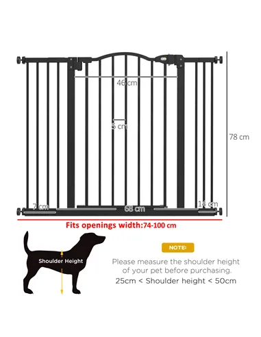 PawHut Metal 74-100cm Adjustable Pet Gate Safety Barrier w/ Auto-Close Door Black