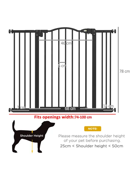 PawHut Metal 74-100cm Adjustable Pet Gate Safety Barrier w/ Auto-Close Door Black
