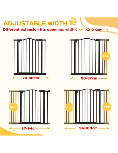 PawHut Metal 74-100cm Adjustable Pet Gate Safety Barrier w/ Auto-Close Door Black