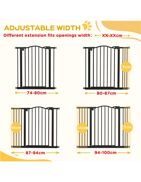 PawHut Metal 74-100cm Adjustable Pet Gate Safety Barrier w/ Auto-Close Door Black