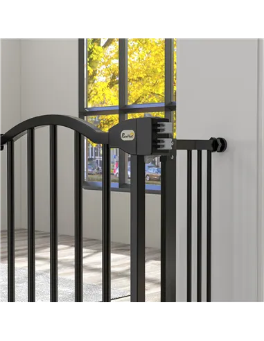 PawHut Metal 74-100cm Adjustable Pet Gate Safety Barrier w/ Auto-Close Door Black