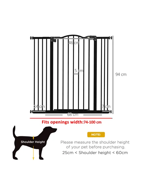 PawHut Pressure Fit Dog Stair Gate No Drilling Safety Gate Auto Close for Doorways, Hallways, 74-100cm Adjustable, 94cm Tall, Bl