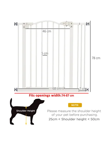 PawHut Metal 74-87cm Adjustable Pet Gate Safety Barrier w/ Auto-Close Door White