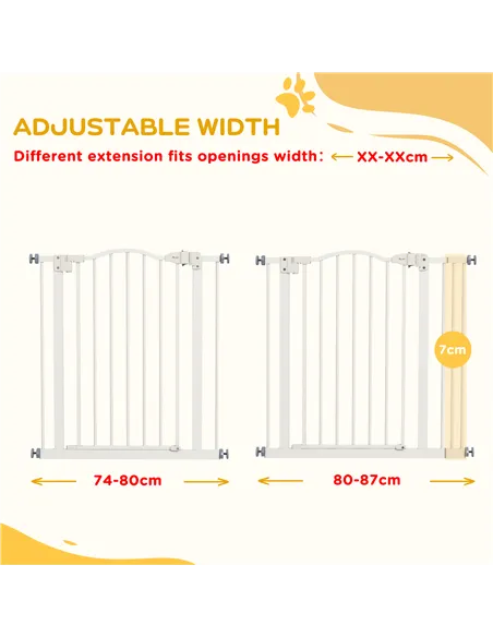PawHut Metal 74-87cm Adjustable Pet Gate Safety Barrier w/ Auto-Close Door White
