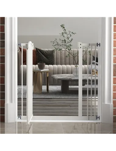 PawHut Metal 74-87cm Adjustable Pet Gate Safety Barrier w/ Auto-Close Door White