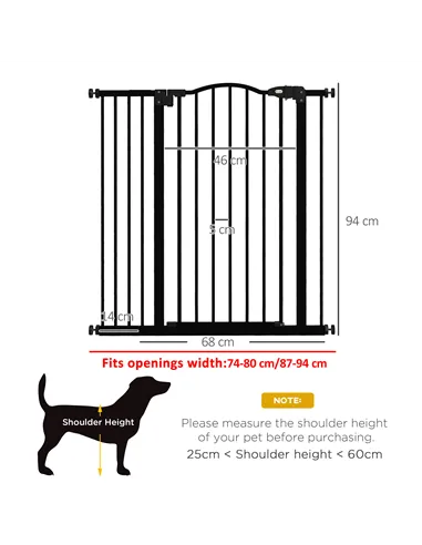PawHut Pressure Fit Dog Stair Gate No Drilling Safety Gate Auto Close for Doorways, Hallways, 74-94cm Adjustable, 94cm Tall, Bla