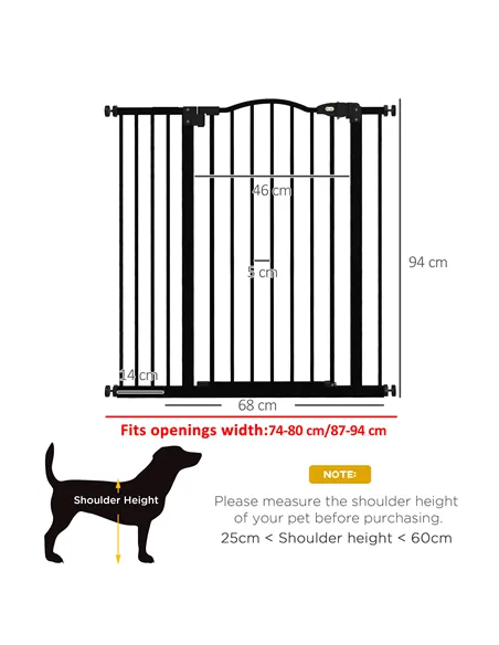 PawHut Pressure Fit Dog Stair Gate No Drilling Safety Gate Auto Close for Doorways, Hallways, 74-94cm Adjustable, 94cm Tall, Bla