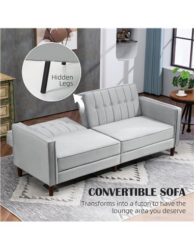 HOMCOM Modern Convertible Sofa Futon Velvet-Touch Tufted Couch Compact Loveseat with Adjustable Split Back, Light Grey