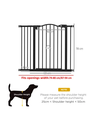 PawHut Metal 74-94cm Adjustable Pet Gate Safety Barrier w/ Auto-Close Door Black