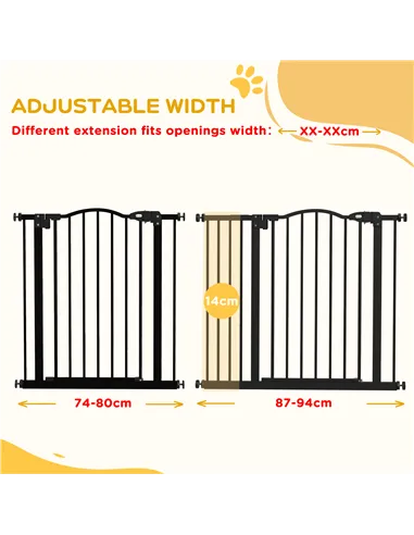PawHut Metal 74-94cm Adjustable Pet Gate Safety Barrier w/ Auto-Close Door Black