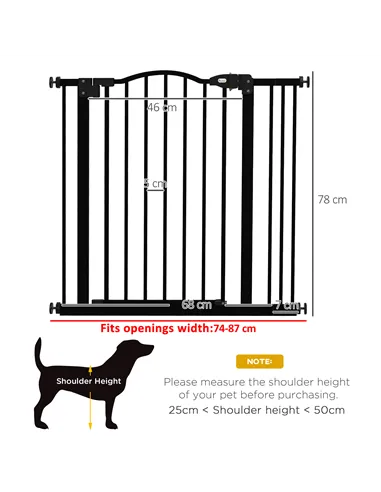 PawHut Metal 74-87cm Adjustable Pet Gate Safety Barrier w/ Auto-Close Door Black