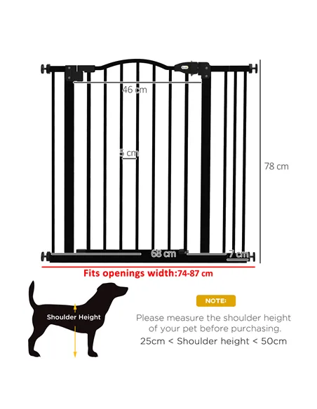 PawHut Metal 74-87cm Adjustable Pet Gate Safety Barrier w/ Auto-Close Door Black