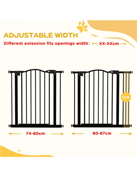 PawHut Metal 74-87cm Adjustable Pet Gate Safety Barrier w/ Auto-Close Door Black