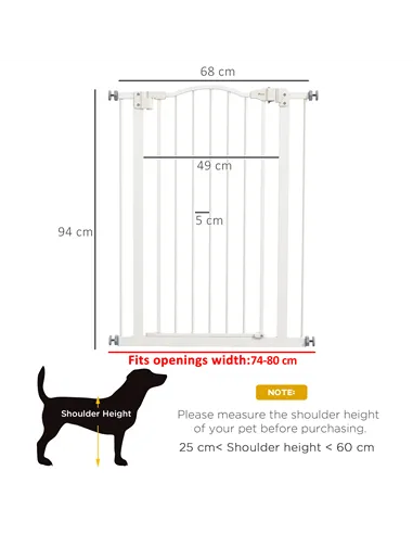PawHut Pressure Fit Dog Stair Gate No Drilling Safety Gate Auto Close for Doorways, Hallways, 74-80cm Adjustable, 94cm Tall, Whi