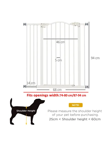 PawHut Pressure Fit Dog Stair Gate No Drilling Safety Gate Auto Close for Doorways, Hallways, 74-94cm Adjustable, 94cm Tall, Whi