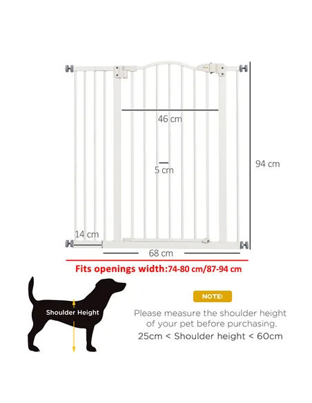PawHut Pressure Fit Dog Stair Gate No Drilling Safety Gate Auto Close for Doorways, Hallways, 74-94cm Adjustable, 94cm Tall, Whi