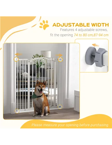 PawHut Pressure Fit Dog Stair Gate No Drilling Safety Gate Auto Close for Doorways, Hallways, 74-94cm Adjustable, 94cm Tall, Whi