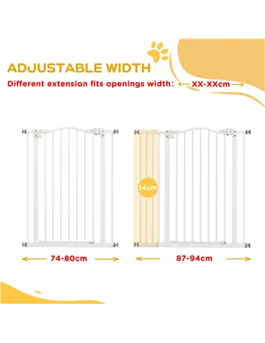 PawHut Pressure Fit Dog Stair Gate No Drilling Safety Gate Auto Close for Doorways, Hallways, 74-94cm Adjustable, 94cm Tall, Whi