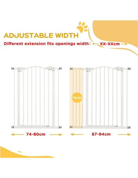 PawHut Pressure Fit Dog Stair Gate No Drilling Safety Gate Auto Close for Doorways, Hallways, 74-94cm Adjustable, 94cm Tall, Whi