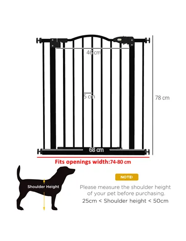 PawHut Metal 74-80cm Adjustable Pet Gate Safety Barrier w/ Auto-Close Door Black