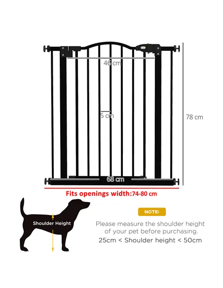 PawHut Metal 74-80cm Adjustable Pet Gate Safety Barrier w/ Auto-Close Door Black