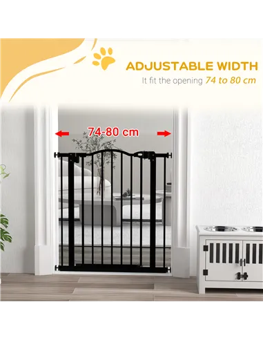 PawHut Metal 74-80cm Adjustable Pet Gate Safety Barrier w/ Auto-Close Door Black