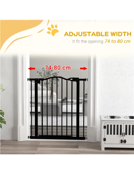 PawHut Metal 74-80cm Adjustable Pet Gate Safety Barrier w/ Auto-Close Door Black
