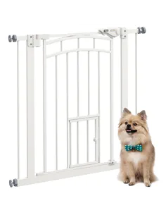 PawHut Pressure Fit Stair Gate, Dog Gate w/ Small Cat Door, Auto Closing System, Double Locking Openings, 74-80cm - White