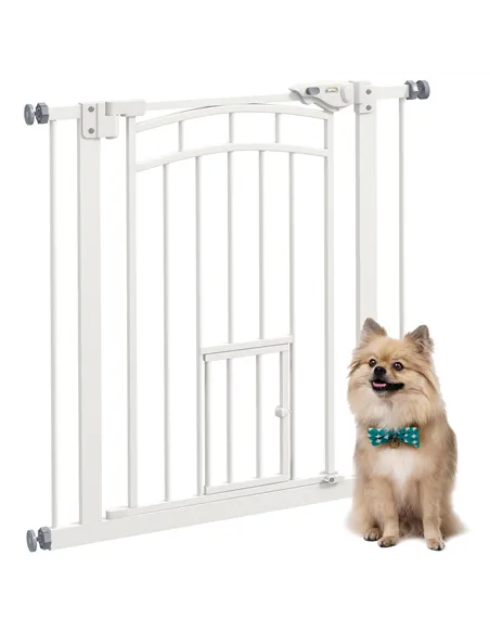 PawHut Pressure Fit Stair Gate, Dog Gate w/ Small Cat Door, Auto Closing System, Double Locking Openings, 74-80cm - White