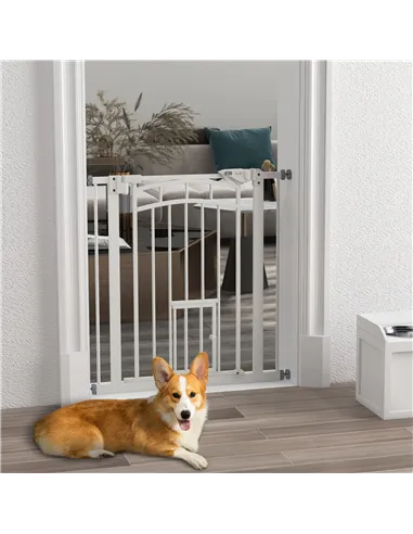 PawHut Pressure Fit Stair Gate, Dog Gate w/ Small Cat Door, Auto Closing System, Double Locking Openings, 74-80cm - White