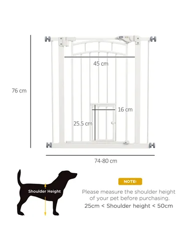 PawHut Pressure Fit Stair Gate, Dog Gate w/ Small Cat Door, Auto Closing System, Double Locking Openings, 74-80cm - White