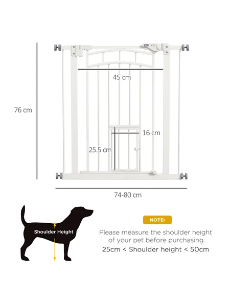 PawHut Pressure Fit Stair Gate, Dog Gate w/ Small Cat Door, Auto Closing System, Double Locking Openings, 74-80cm - White