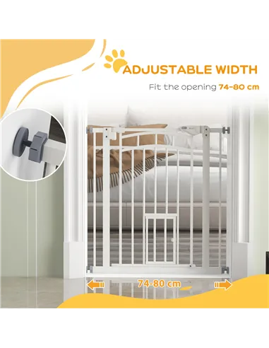 PawHut Pressure Fit Stair Gate, Dog Gate w/ Small Cat Door, Auto Closing System, Double Locking Openings, 74-80cm - White