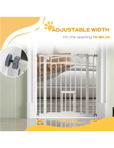 PawHut Pressure Fit Stair Gate, Dog Gate w/ Small Cat Door, Auto Closing System, Double Locking Openings, 74-80cm - White
